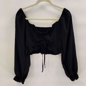 Black Crop Top Long Sleeve Medium Smocked Back Cinch Front